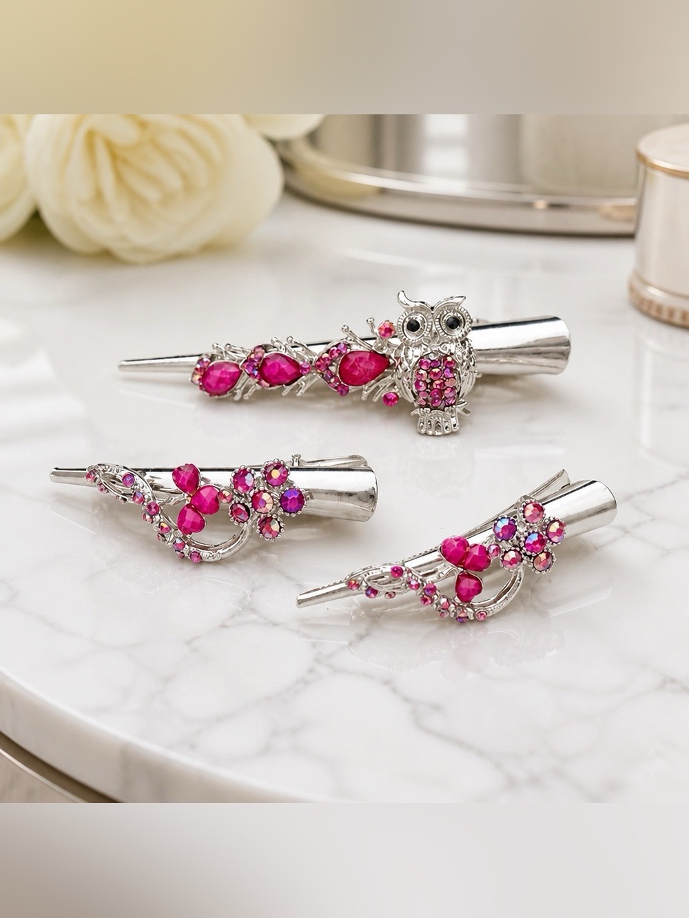 3 Silver-tone Iridescent Raspberry Color Crystals Hair Clamp Set